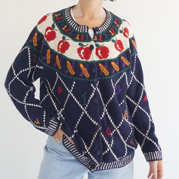 Sweaters - Vintage Cape Isle Knitters Navy Apple Numbers Cotton Hand Knit Blue Cardigan M